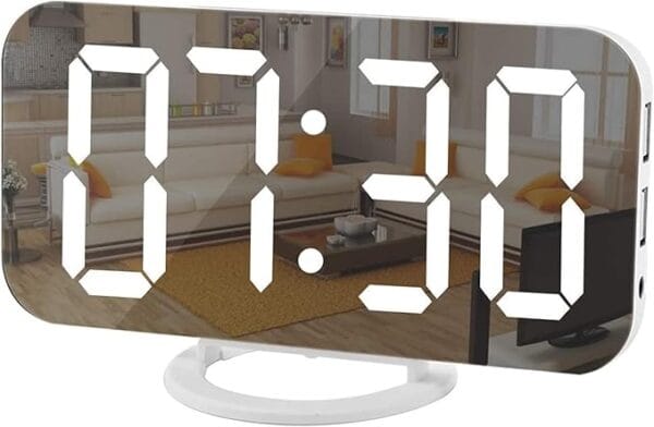 SZELAM Digital Alarm Clock with a large LED display and mirror surface, featuring dual USB ports